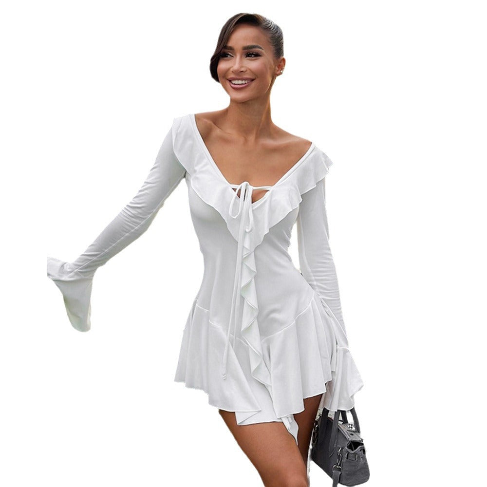 Women's Ruffled Pointed Collar Rope Flare Sleeve Dress