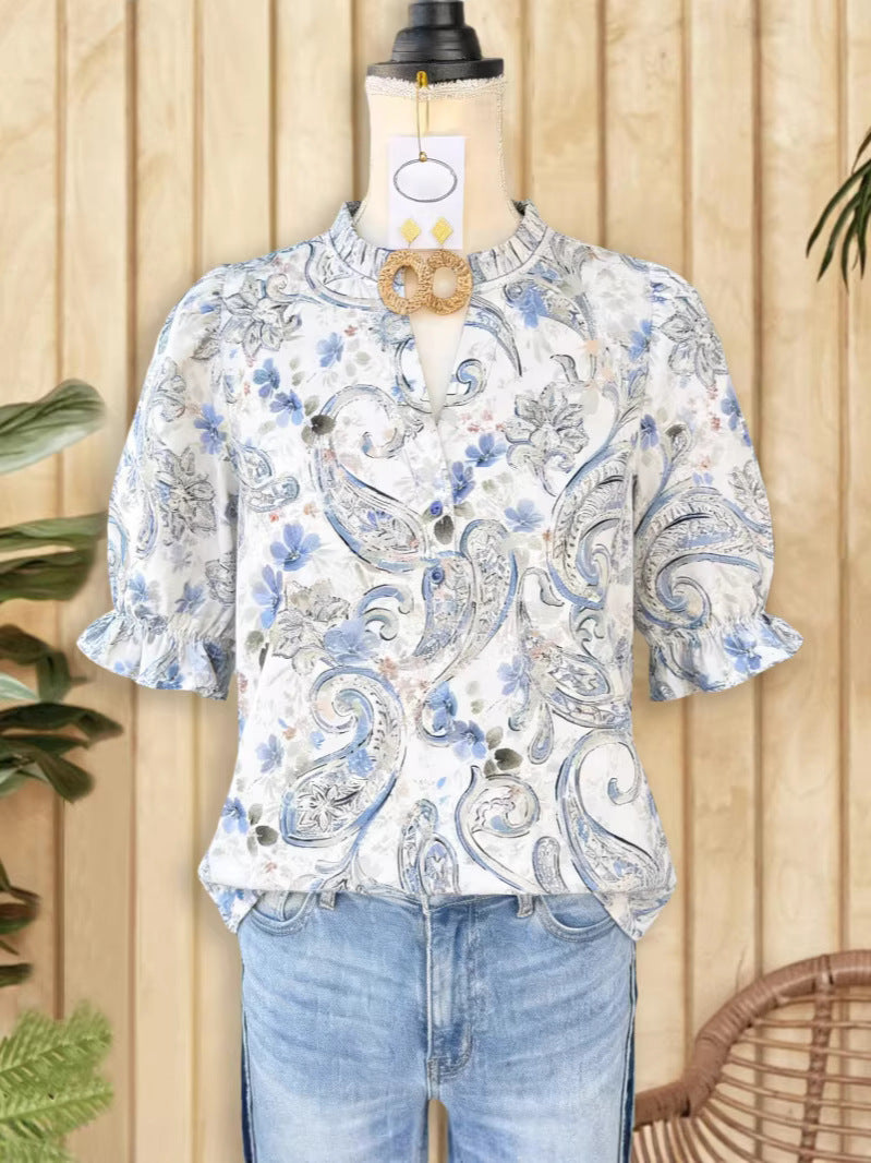 Women's French Style Temperament Wooden Ear Collar Slimming Solid Color Puff Blouse