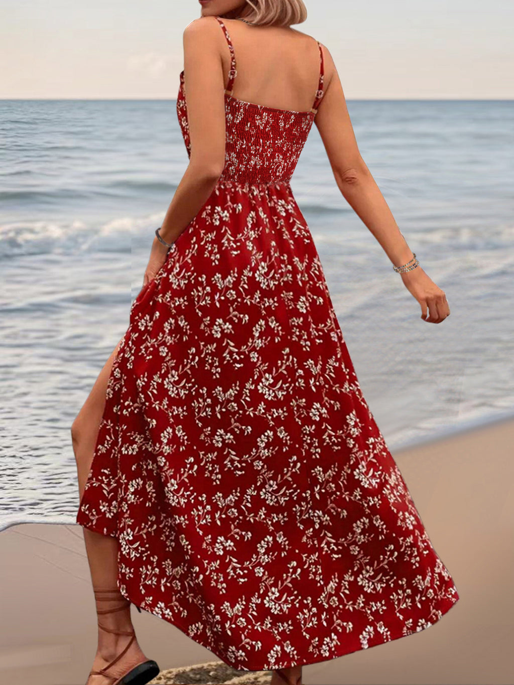 Warm Floral Sleeveless Split Holiday Lace Dress