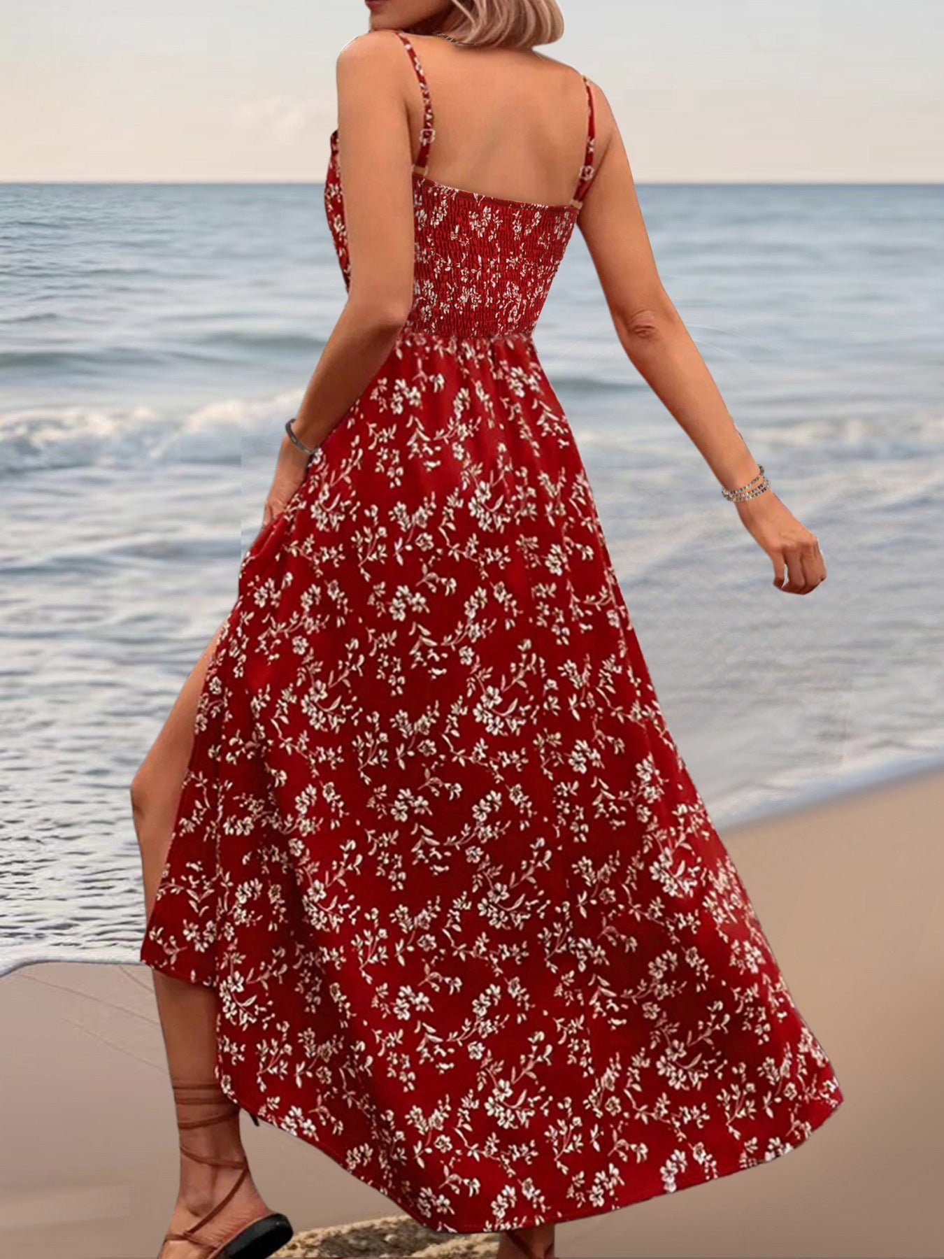 Warm Floral Sleeveless Split Holiday Lace Dress