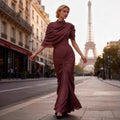 Women's Temperament Crew Neck Pleated Shawl Design Dress