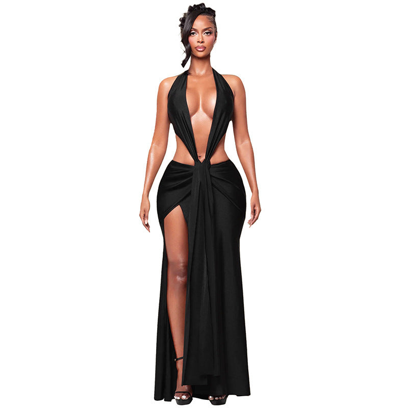 Women's Spring Pure Color Halter Sleeveless Sexy Backless Deep V Ribbon Dress