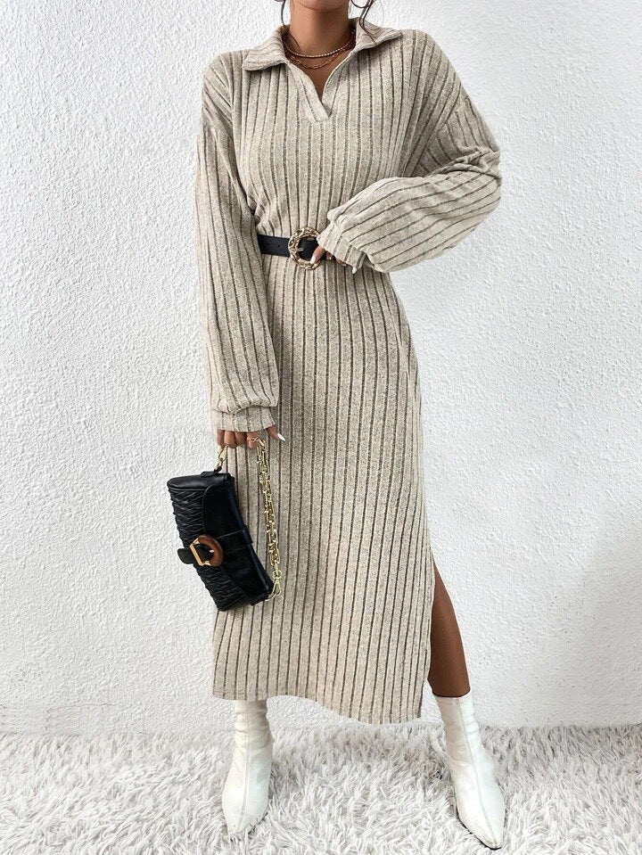Women's Solid Color Drop Shoulder Slit Thigh No Belt Autumn Dress