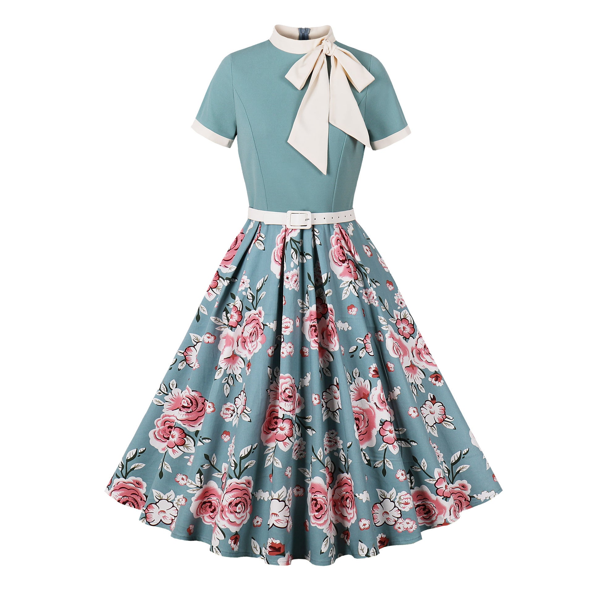 Women's Retro Hepburn Printed Floral Polka Dot Dress