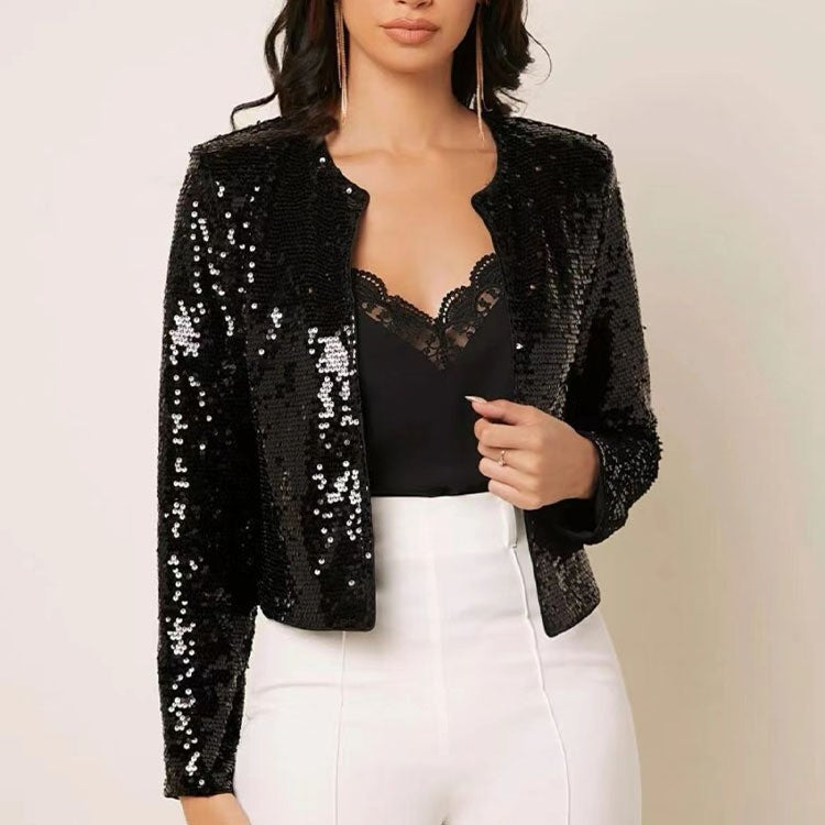 Women's Spring Fashion Stand Collar Color Matching Sequins Casual Versatile Coats