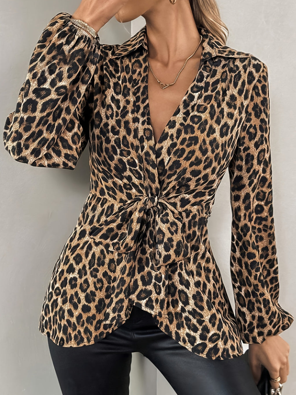 Long Sleeve Spring Leopard Print Tied Tops