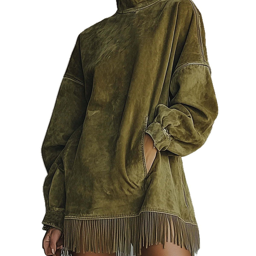 High Collar Loose Pocket Tassel Long Sleeve Dress