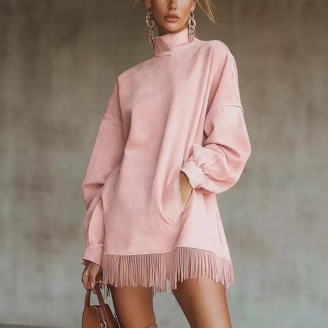 High Collar Loose Pocket Tassel Long Sleeve Dress
