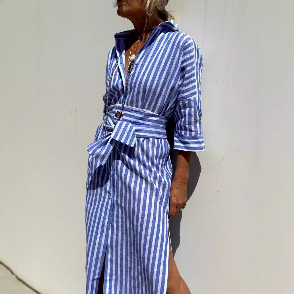 Women's Half Sleeve Striped Lapel Shirt Dress Blouse