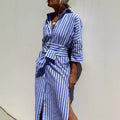 Women's Half Sleeve Striped Lapel Shirt Dress Blouse
