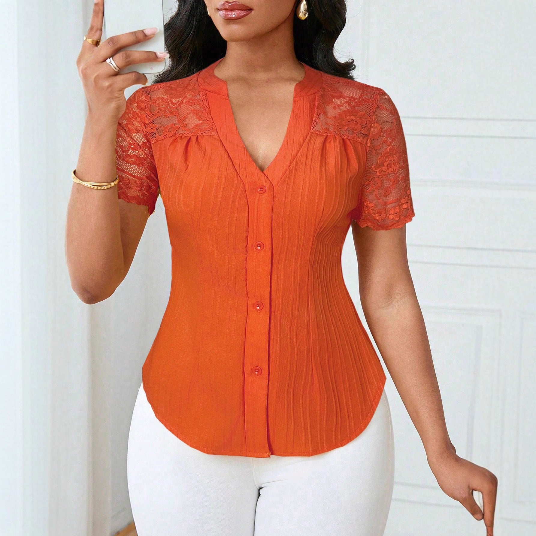 Fashionable Single-breasted Solid Color Embroidery Hollow Women's T-shirt