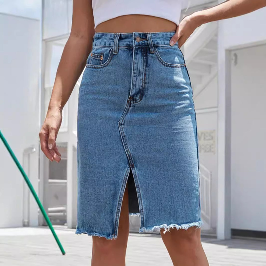 Women's High Waist Mid-length Sheath Split Denim Skirt