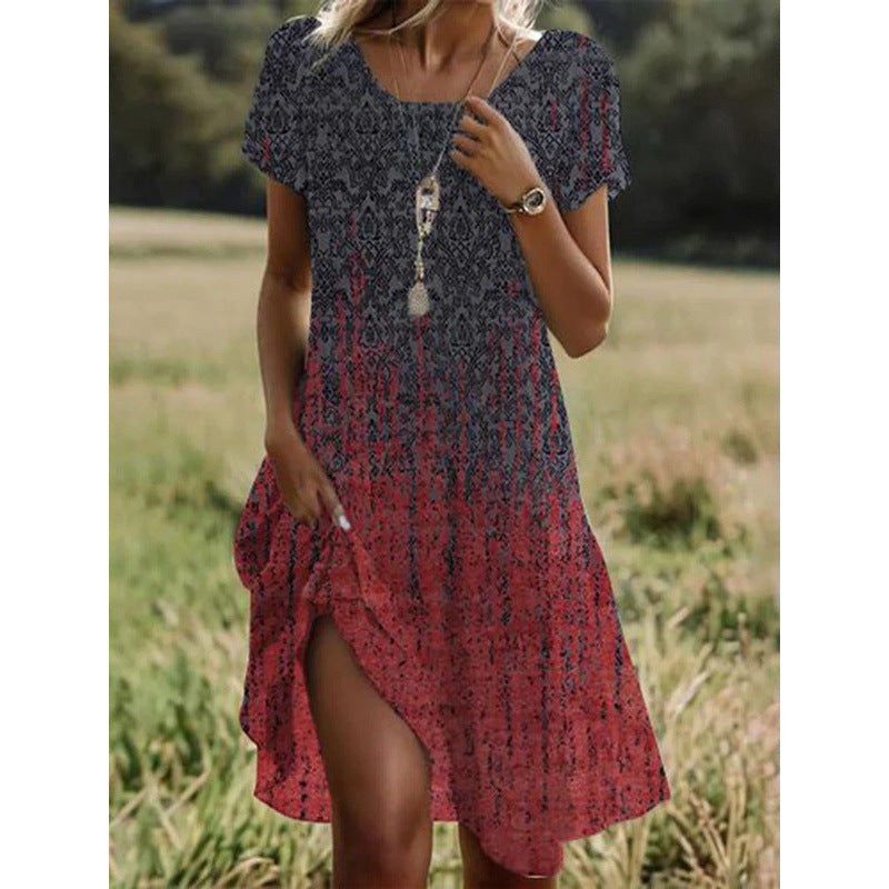 Summer Artistic Ethnic Style Scoop Mid-length Dress