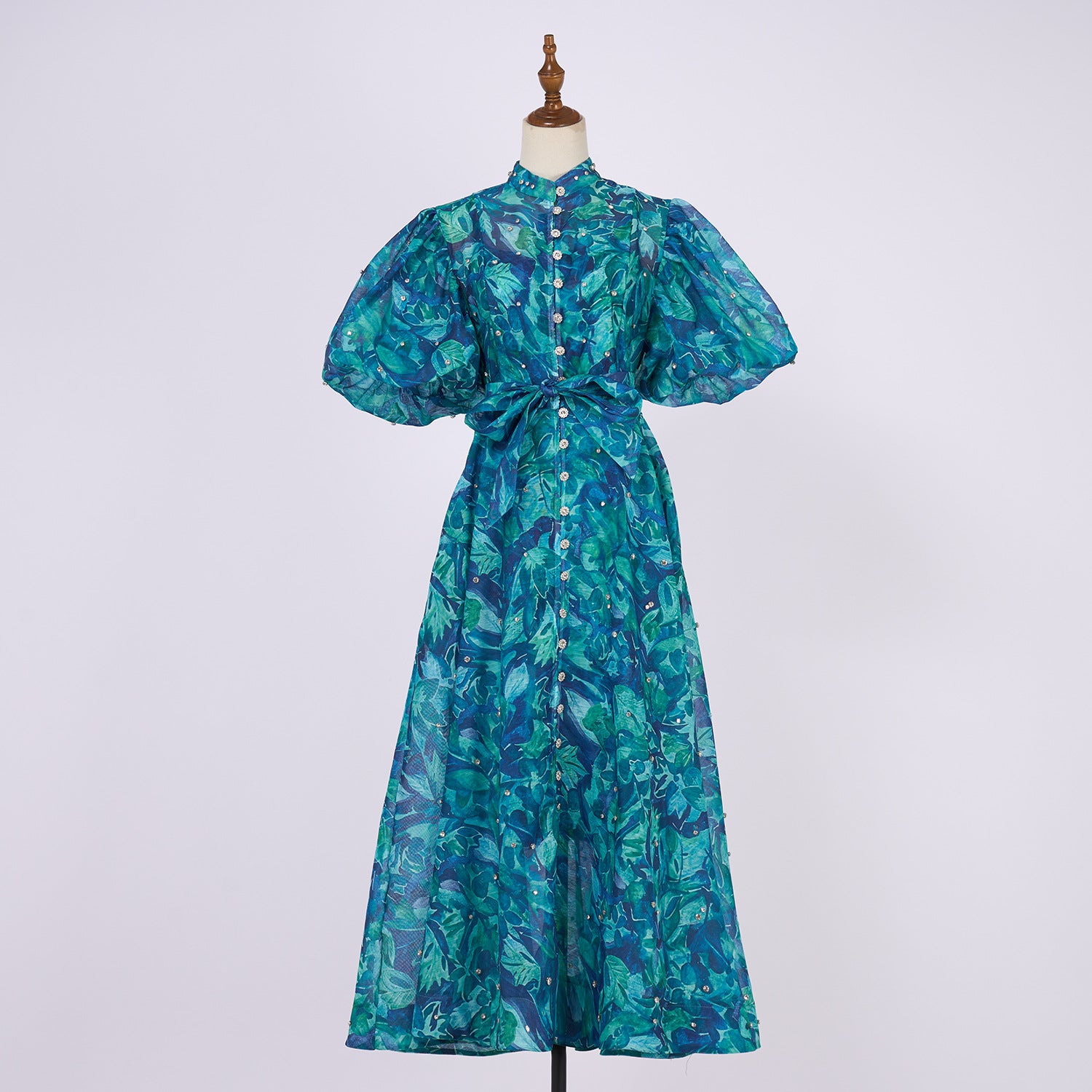 Summer Palace Style High Design Sense Rhinestone Sleeve Single-breasted Long Dress