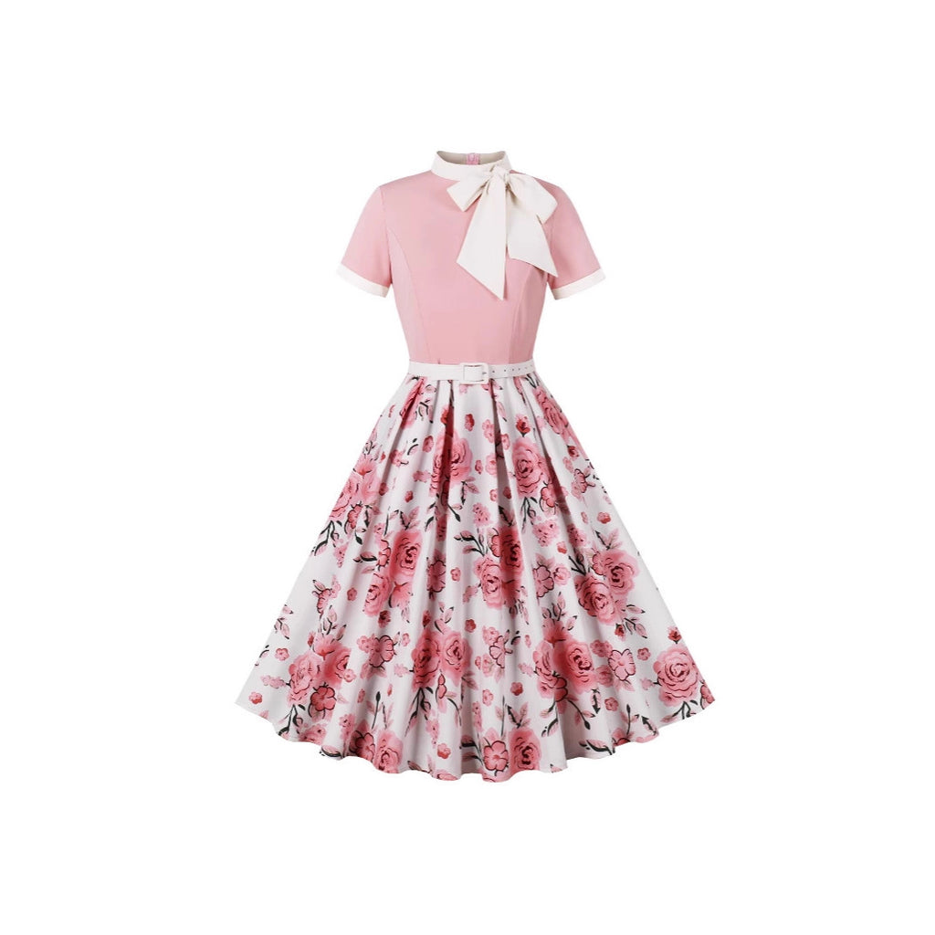 Women's Retro Hepburn Printed Floral Polka Dot Dress