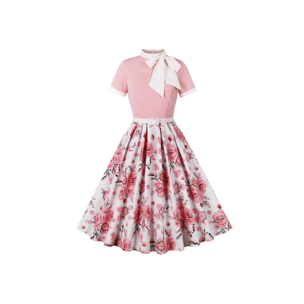Women's Retro Hepburn Printed Floral Polka Dot Dress