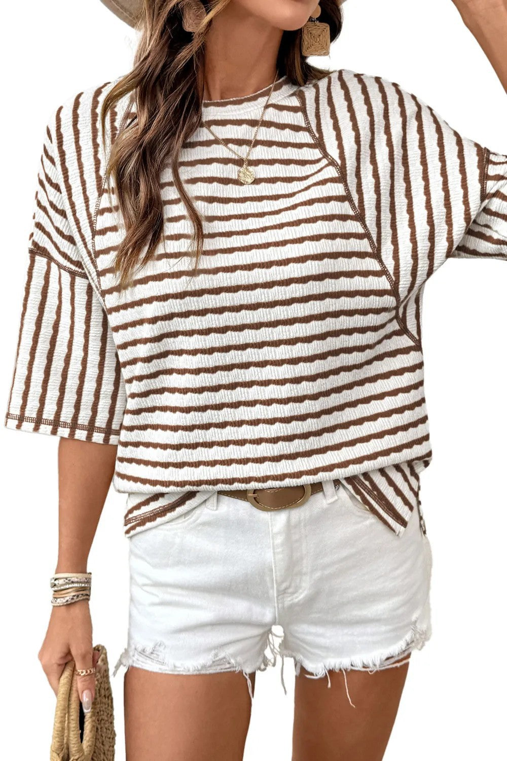Women's Summer Pullover Simple Striped Half Sleeve Women's T-shirt