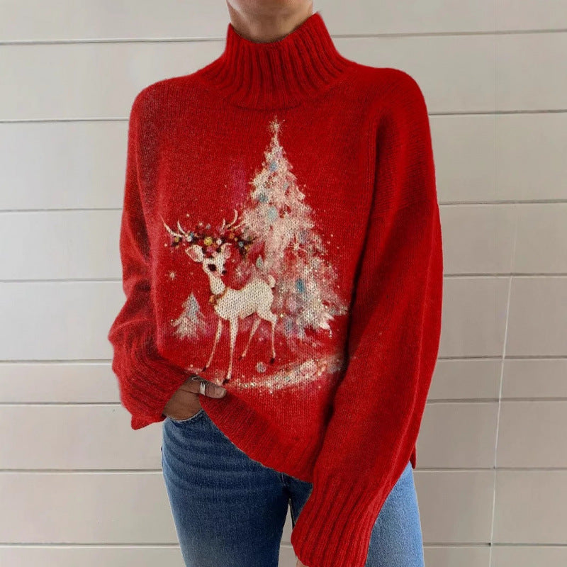 Innovative Women's Christmas Printed Wear Turtleneck Women's T-shirt