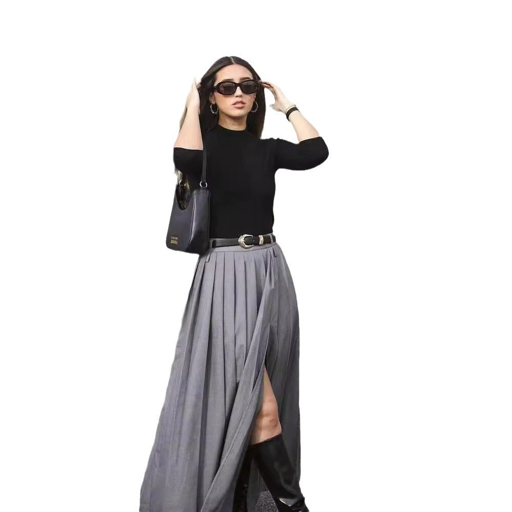 Women's Gray Pleated High Waist Slimming Slit Skirt