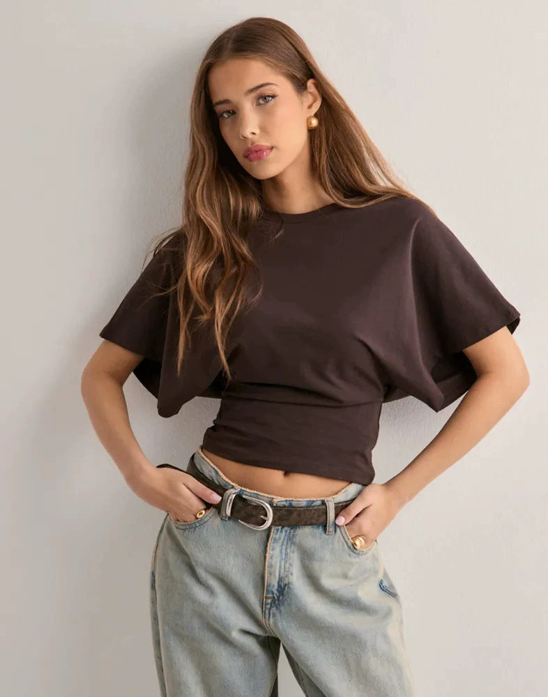 Women's Color Round Neck Shoulder Across Sleeve Sexy Women's T-shirt