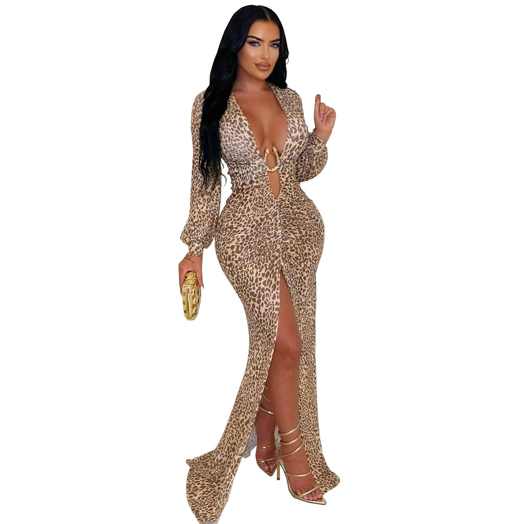Women's Fashion Wear Sexy Deep V Leopard Print Split Dress