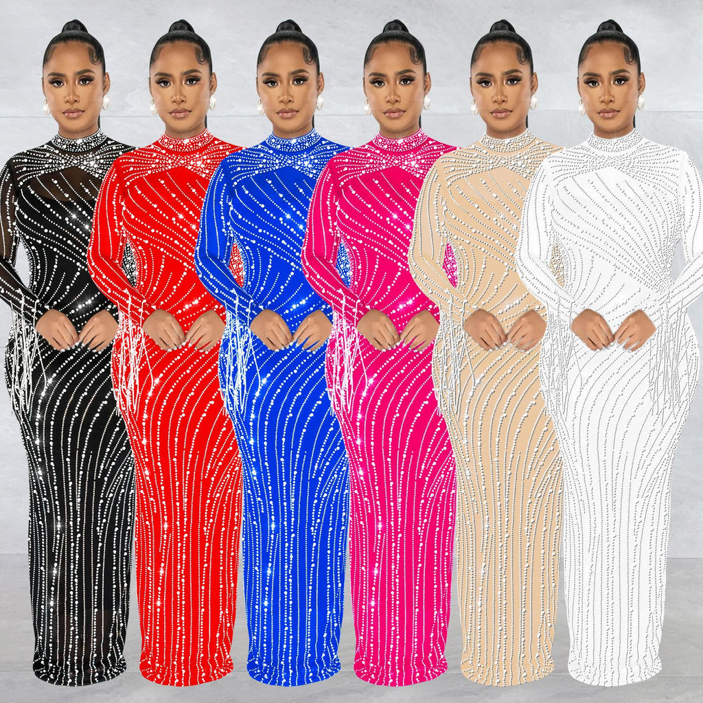 Women's Mesh Hot Drilling Long Sleeve Lining Two-piece Dress