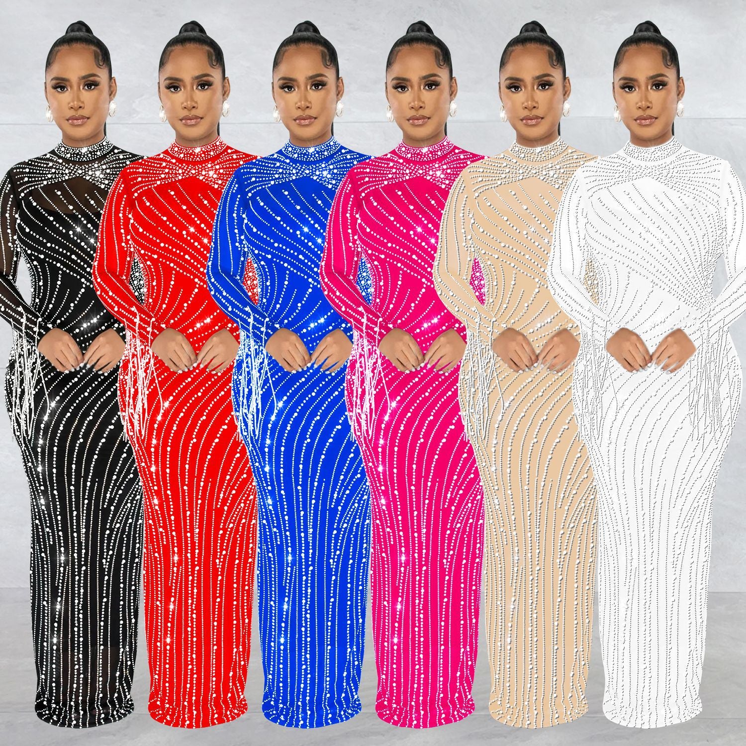 Women's Mesh Hot Drilling Long Sleeve Lining Two-piece Dress