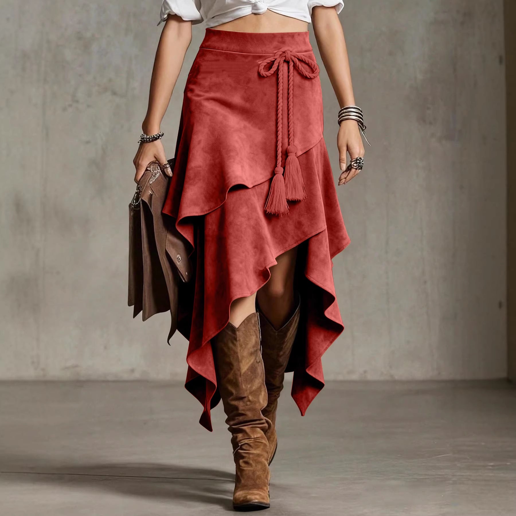 European Retro Western Style Irregular Design Suede Skirt