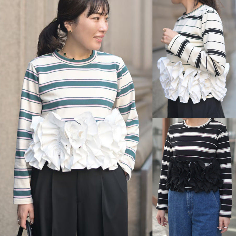 New Cool Women's Striped Long-sleeved Stitching Women's T-shirt