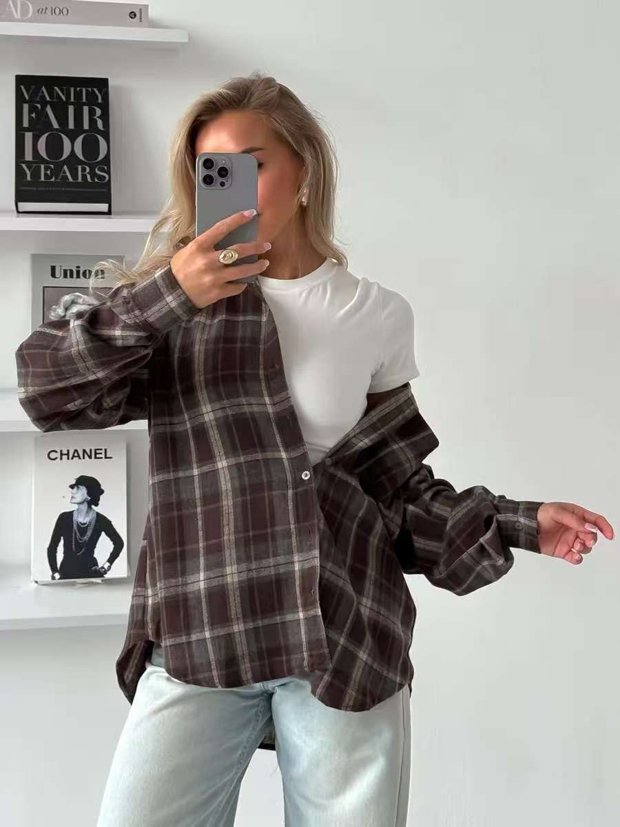 Women's Plaid Shirt Autumn Lazy Bandage Dress Blouse