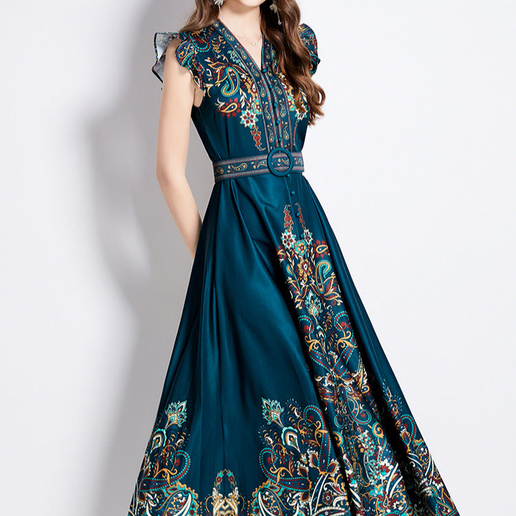 Retro Court High-grade Printed Lantern Sleeve Waist Slimming Elegant Dress