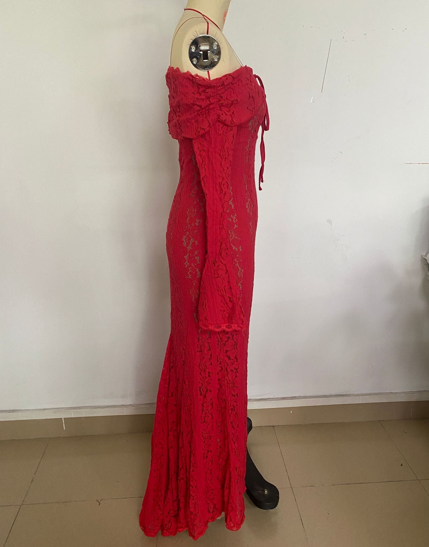 Autumn French Style Temperament Lace Long Flared Sleeve Dress