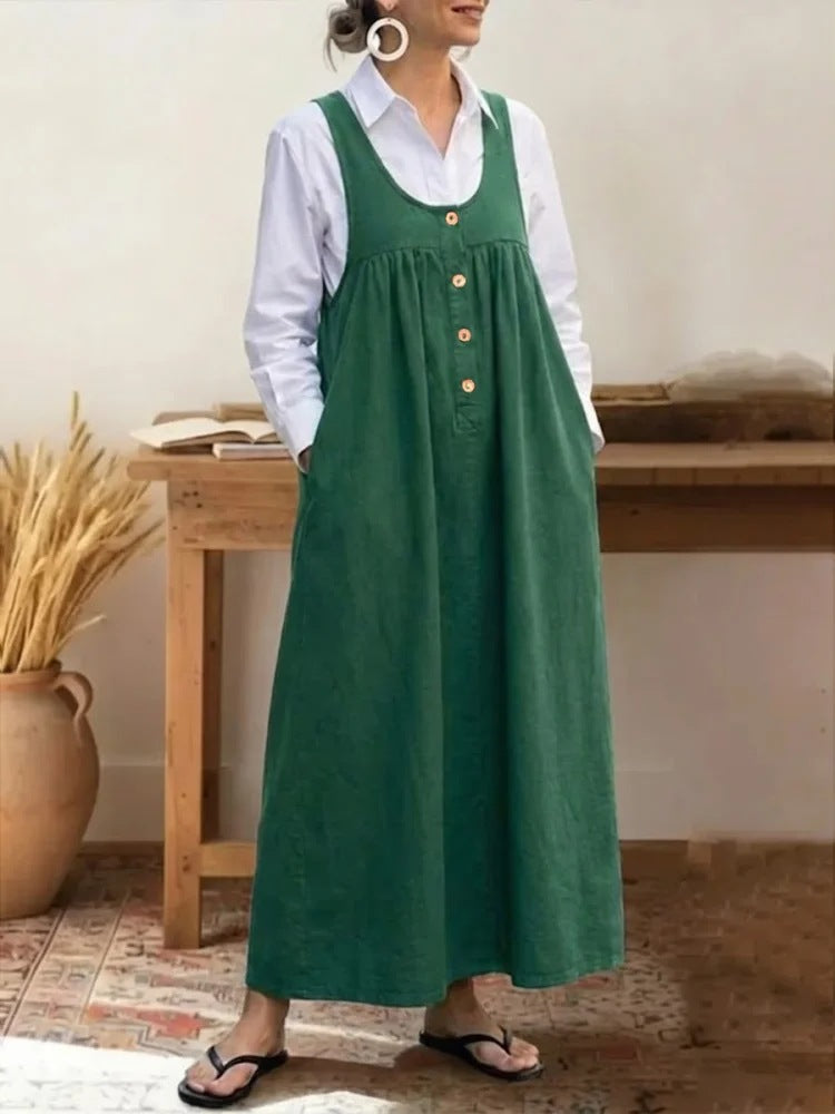 Solid Color Buttons Suspender Sleeveless Loose Dress