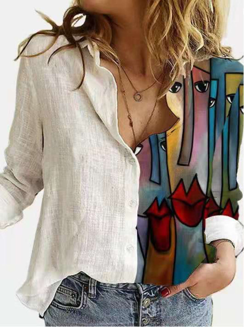 Classic Women's Shirt Printed Long-sleeved Casual Blouse