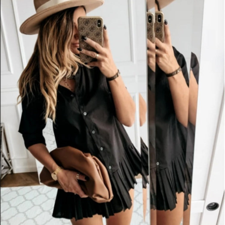 Stylish Women's Shirt Dress Pleated Slim Blouse