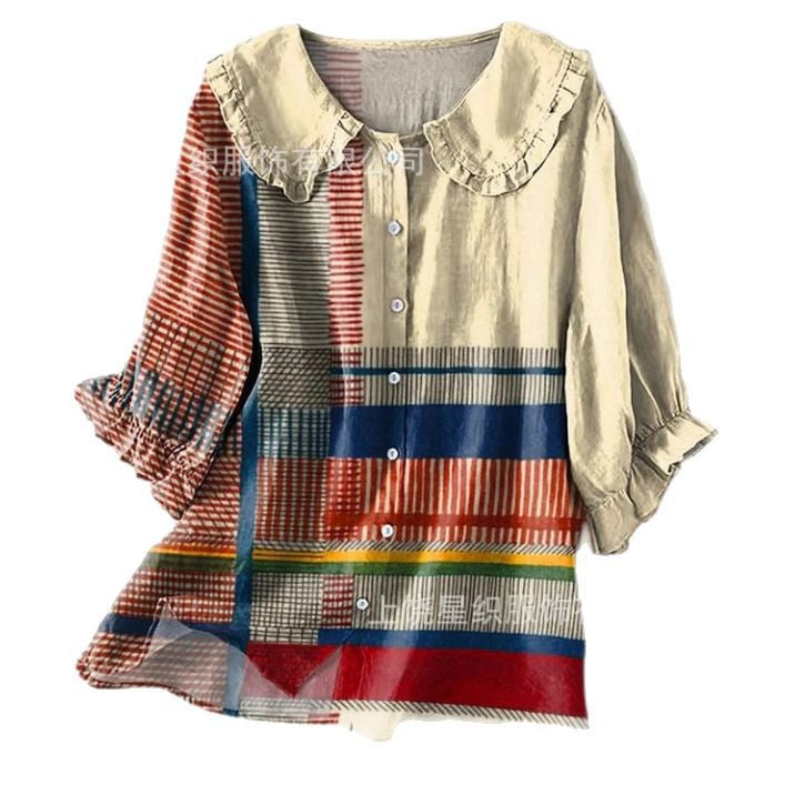 Women's Digital Printing Abstract Pattern Long Sleeve Buckle Peter Pan Blouse