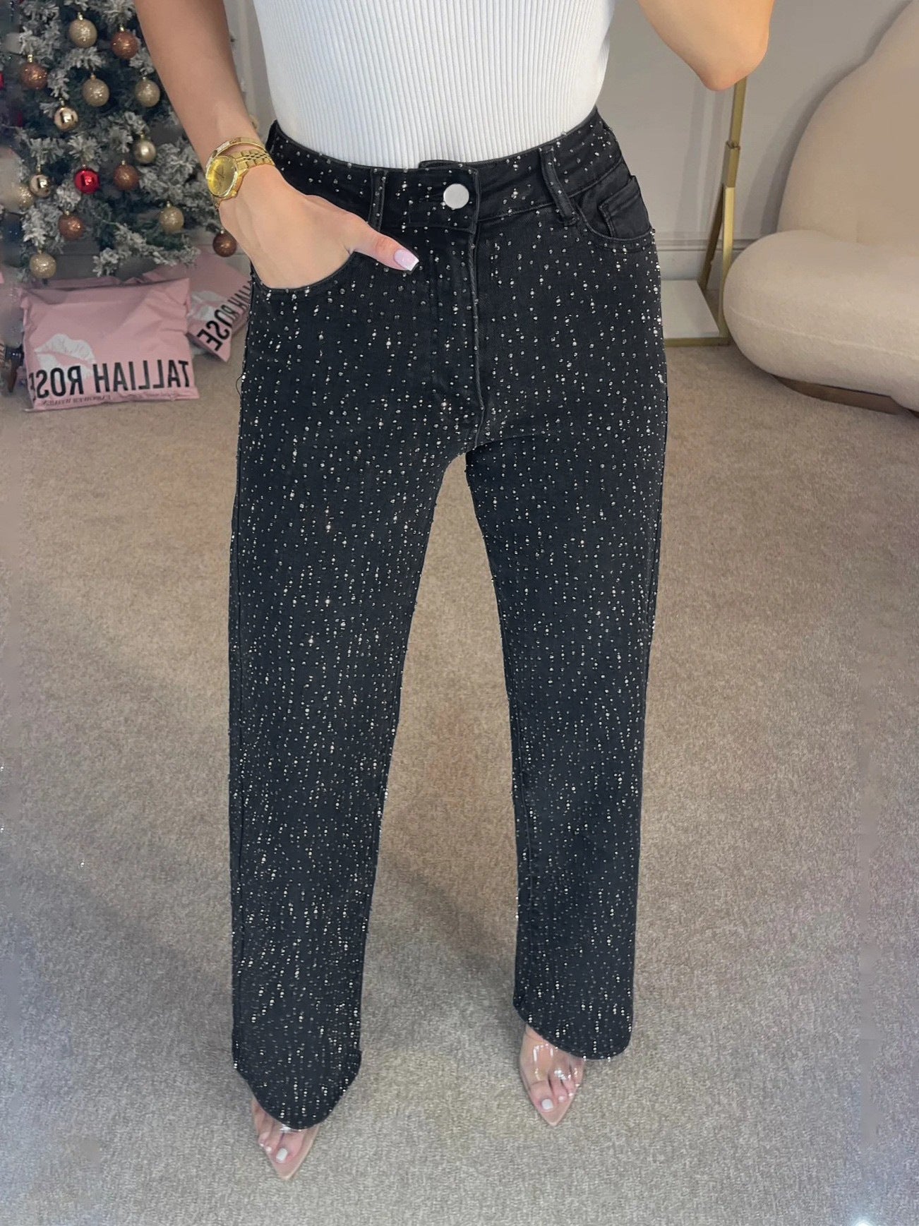 Women's Diamond Washed High-grade High Waist Straight Hot Women's Jeans