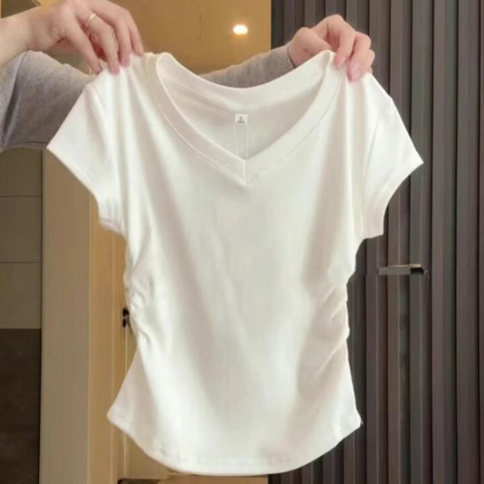 Women's Shoulder Short-sleeved Summer Slim Fit Pleated Women's T-shirt