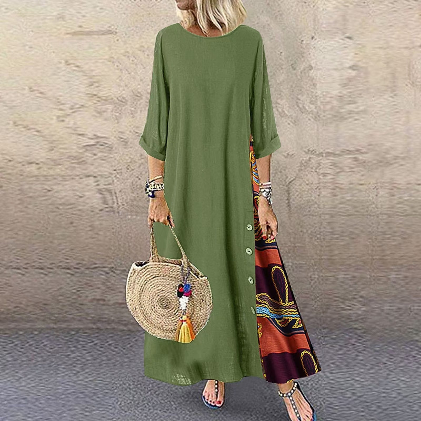 Floral Round Neck Contrast Color Button Dress