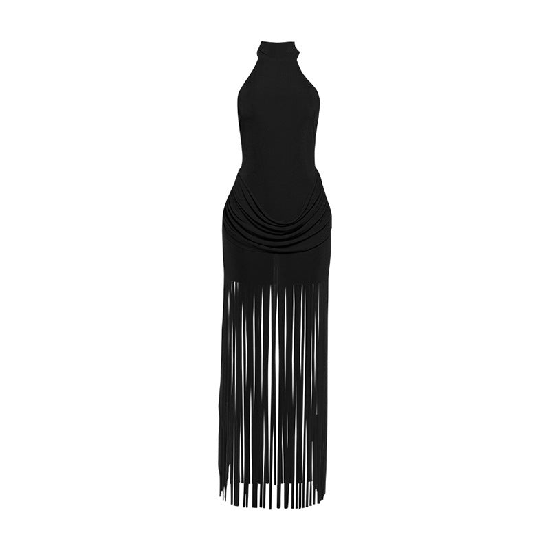 Women's Winter Fashion Tassel Design Solid Color Sexy Dress