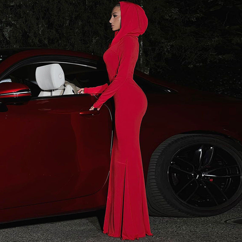 Women's Winter Fashion Temperament Pure Color Hood Dress