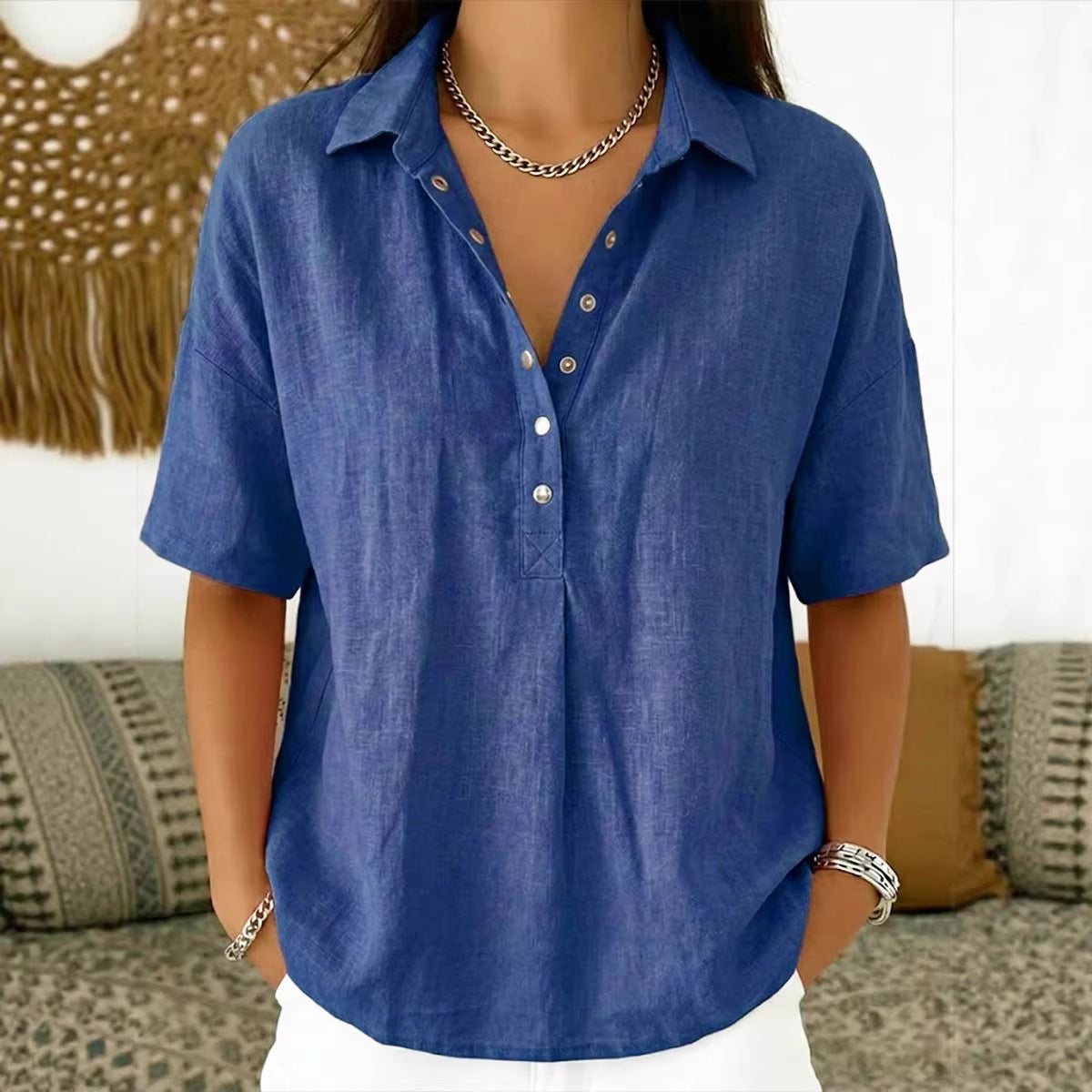 Women's Summer Loose Comfortable Lapel Sleeve Solid Color Blouse