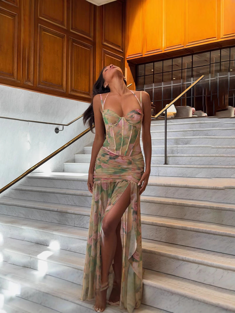 Women's Spring Sexy Floral Print Vacation Beach High Waist Slimming Dress