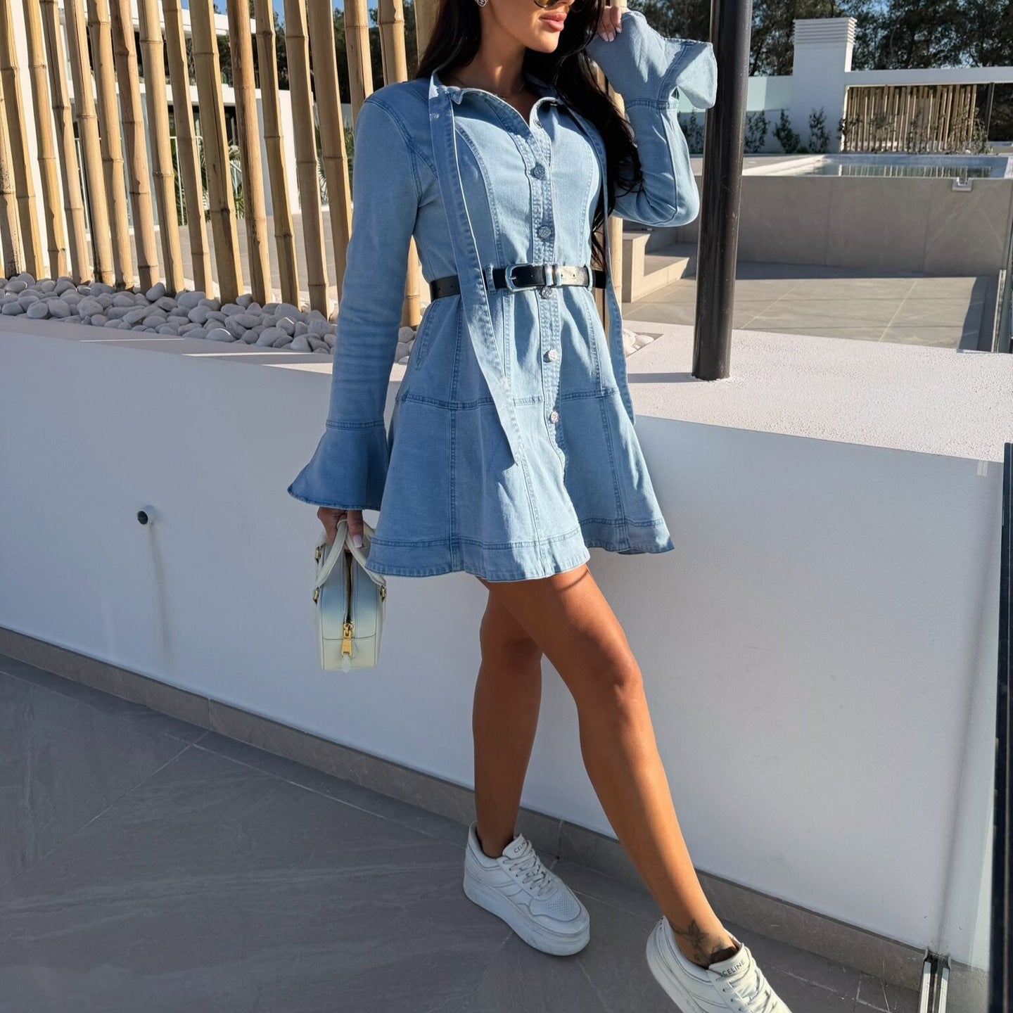 Retro Bow Tied Casual Belt Long Sleeve Denim Dress