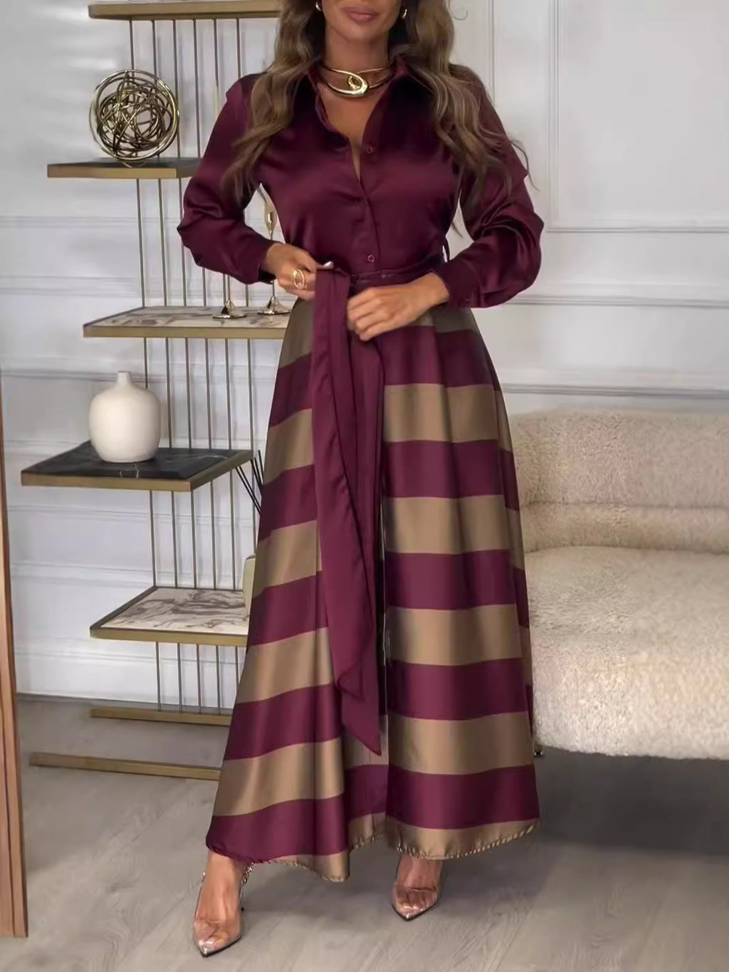 Women's Autumn Long Elegant Lace Printing Stitching Clothing