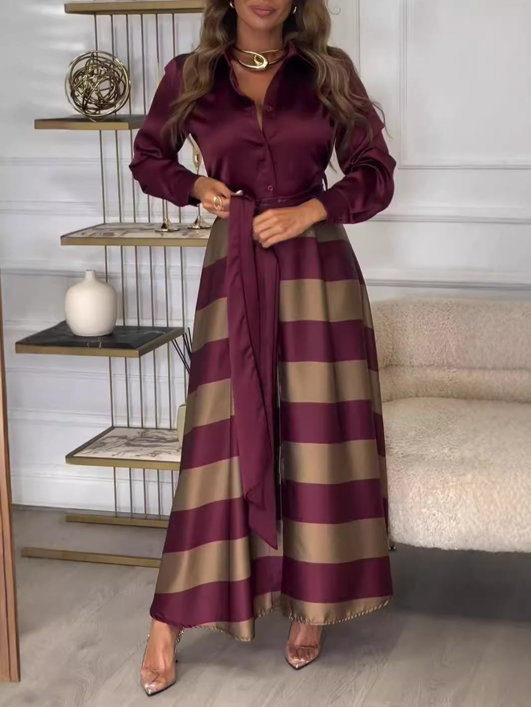 Women's Autumn Long Elegant Lace Printing Stitching Clothing
