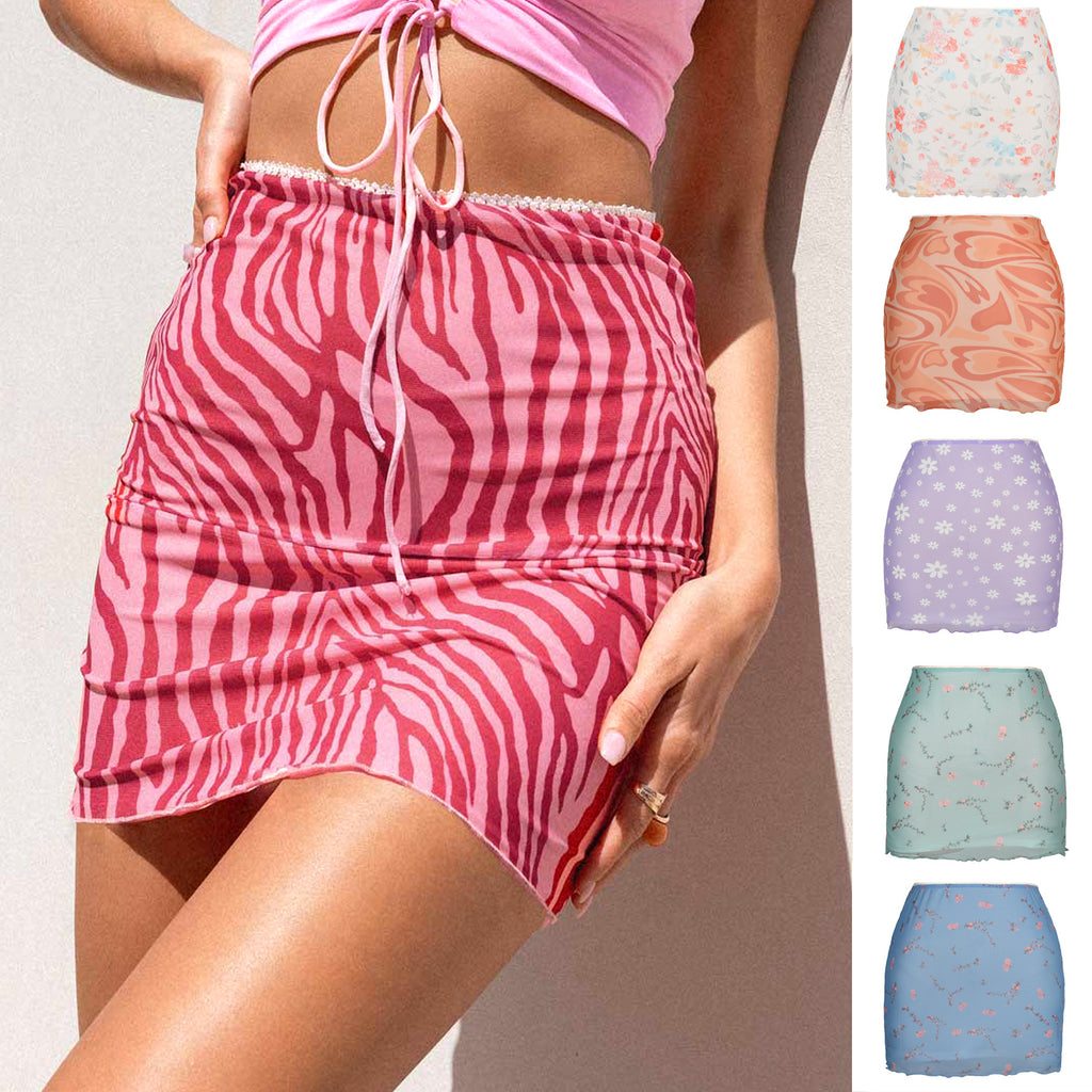 Women's Printed Tulle High Waist Slim Hip Skirts