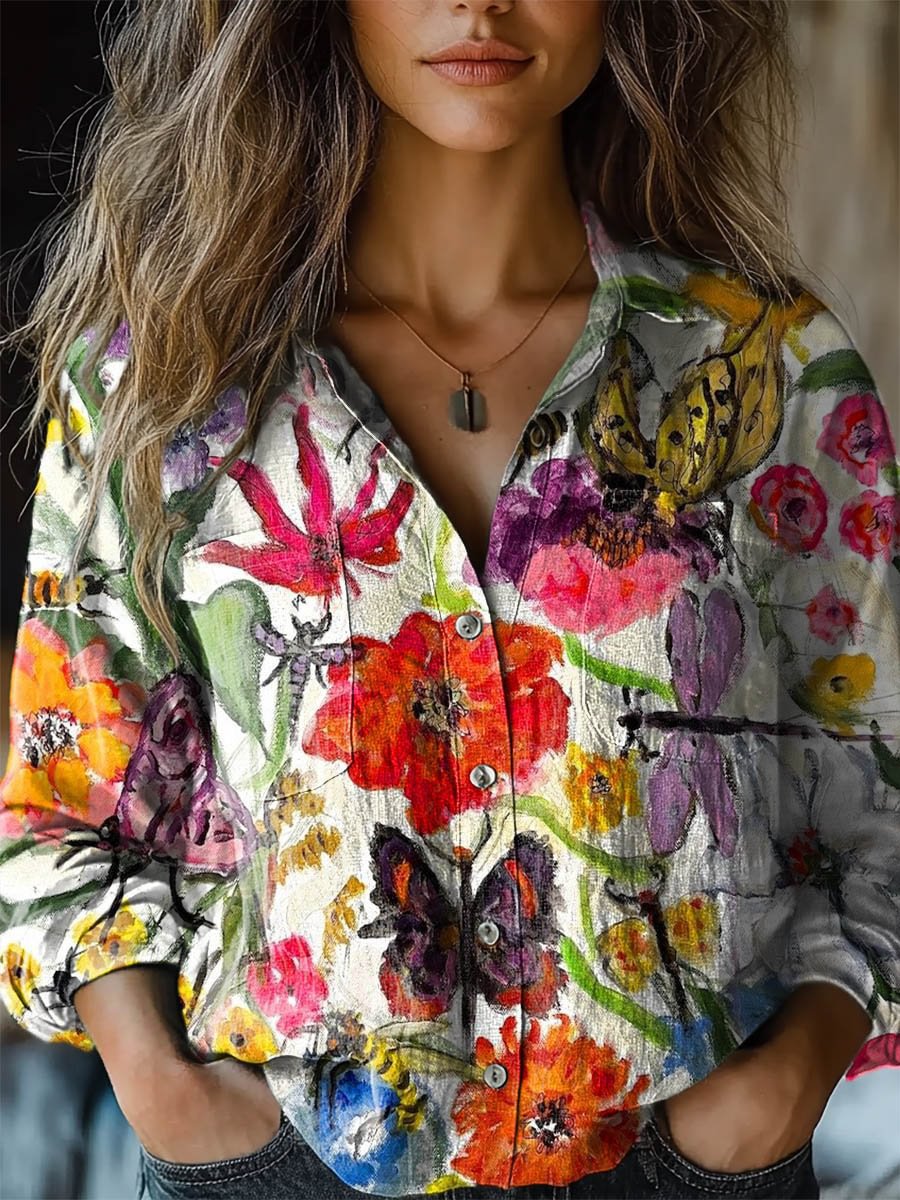 Women's Digital Printing Fashion Lapels Long Sleeve Blouse