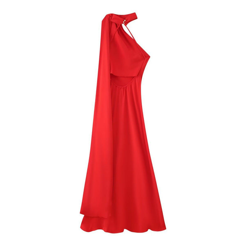 Women's Silk Satin Texture Ribbon Halter Dress
