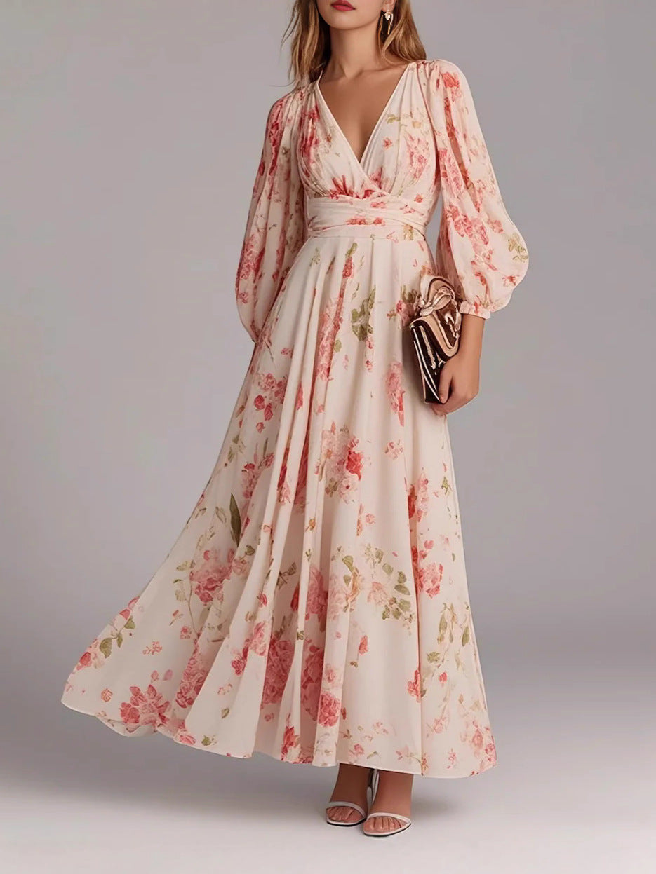 Vacation Style Lantern Sleeve Long French Dress